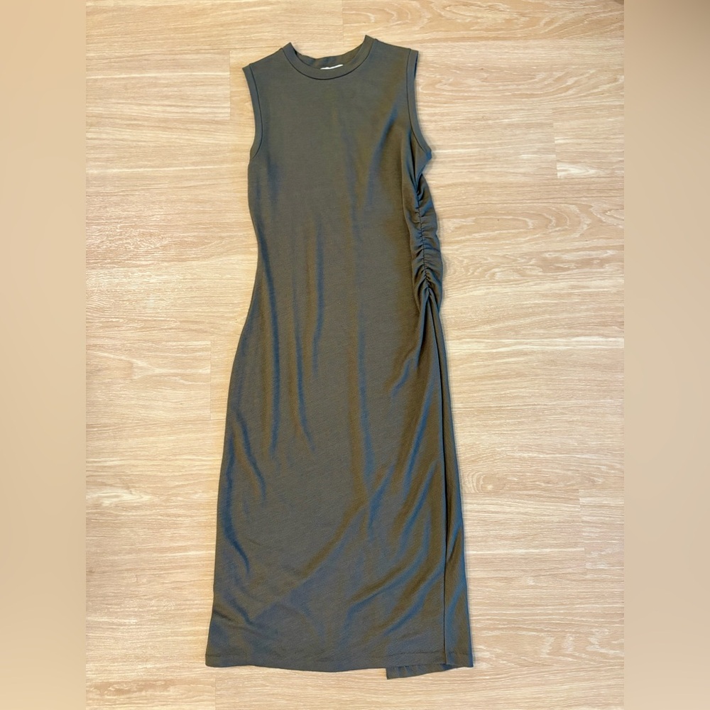 Vince Sleeveless Ruched Side Midi Dress Olive Green Size S Stretch Knit